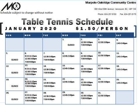 table tennis tournament schedule